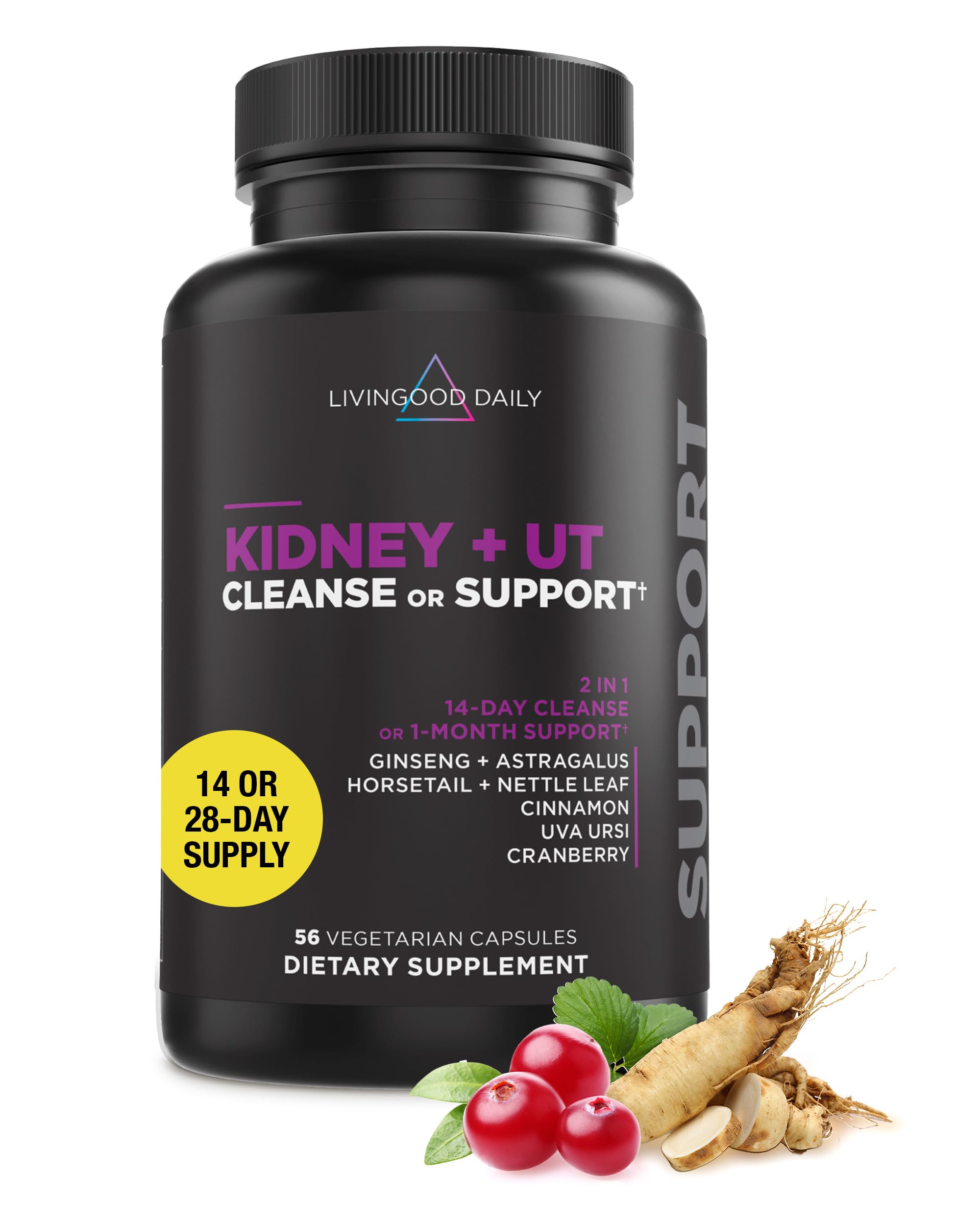 Livingood Daily Kidney Cleanse bottle featuring cranberry blend for urinary comfort