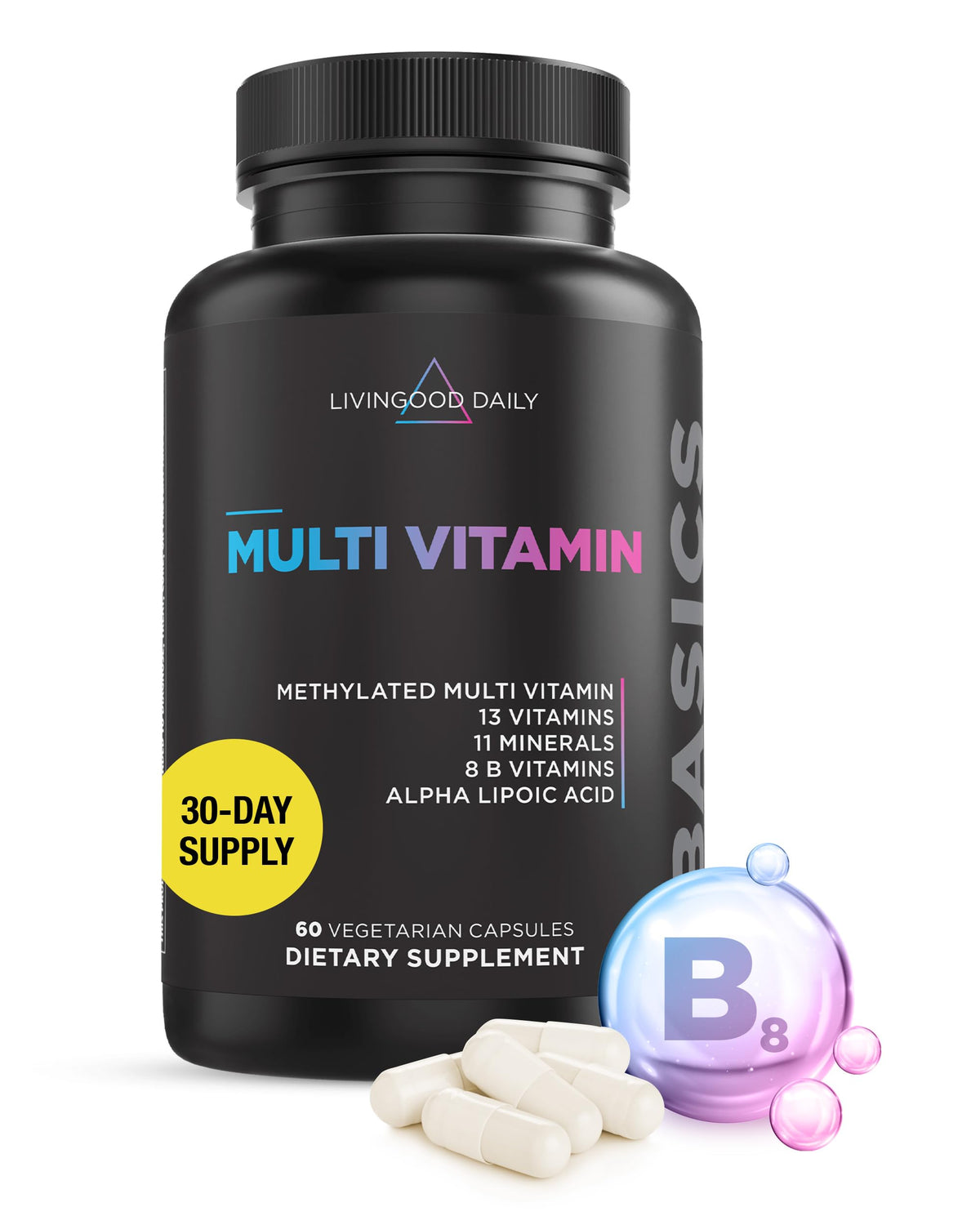 Livingood Daily methylated multivitamin bottle ready for daily energy and metabolism support.