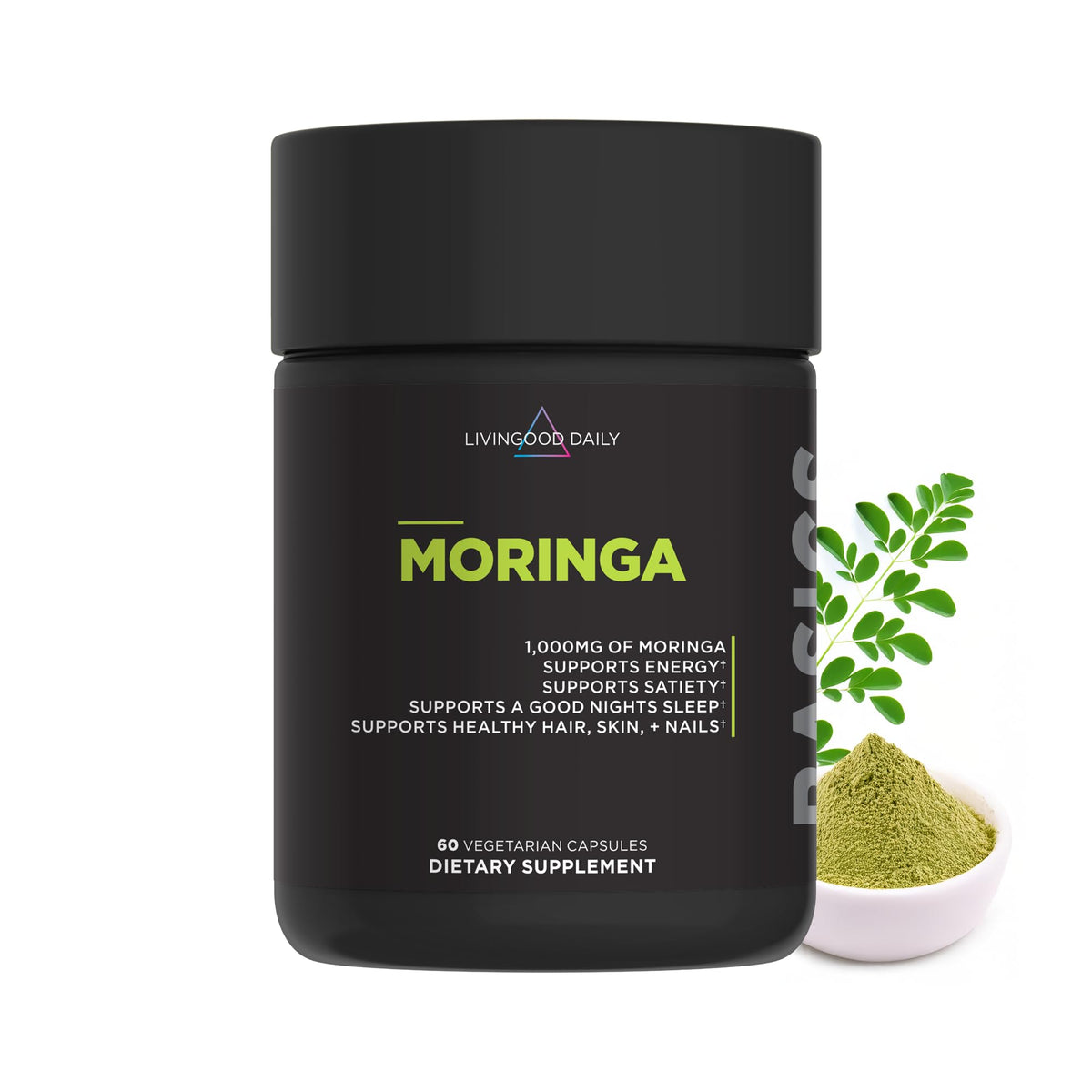 Livingood Daily Moringa bottle on shelf supports daily greens intake