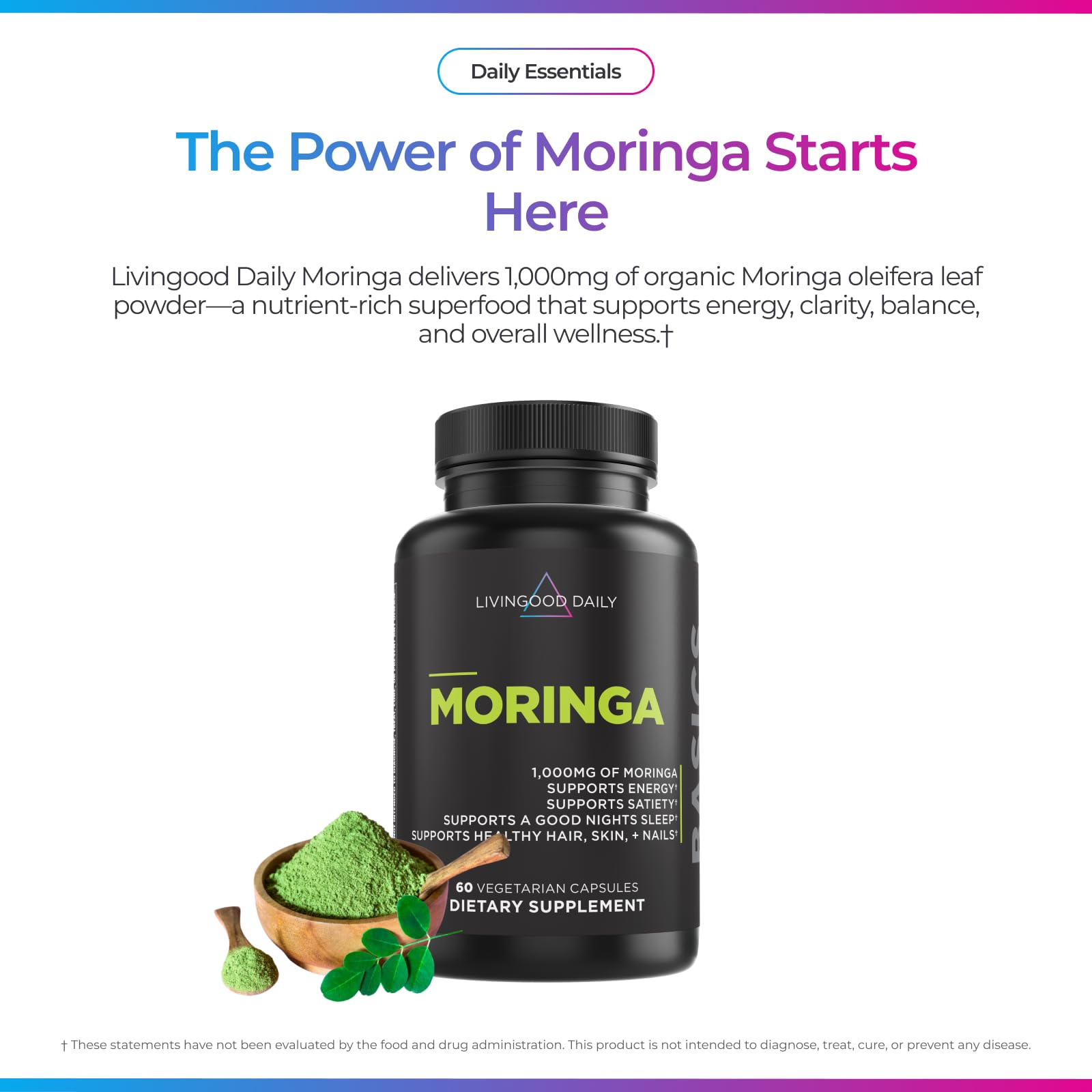 Close-up of Livingood Daily Moringa capsules showing powder