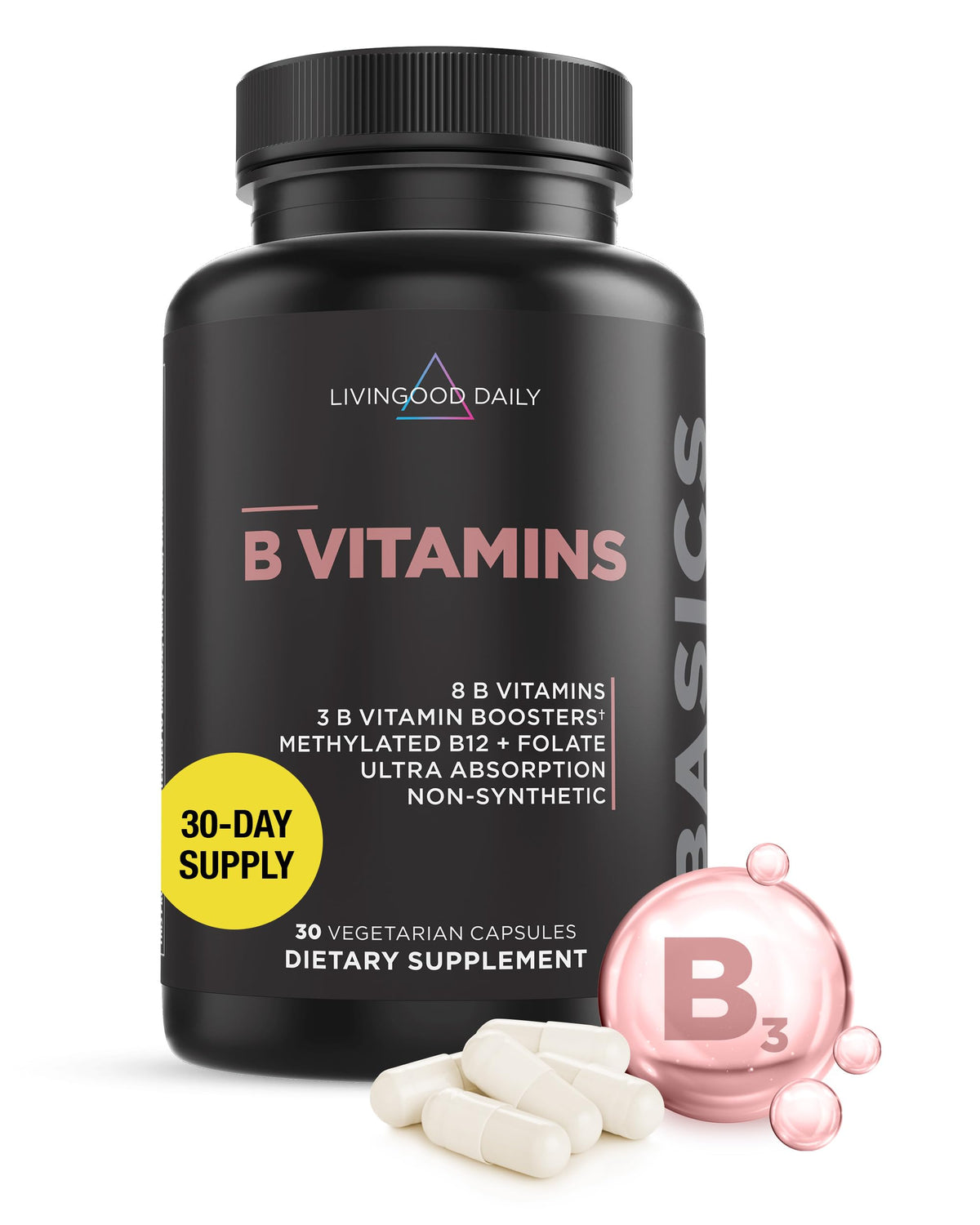 Livingood Daily Vitamin B Complex capsules bottle front showing daily energy support