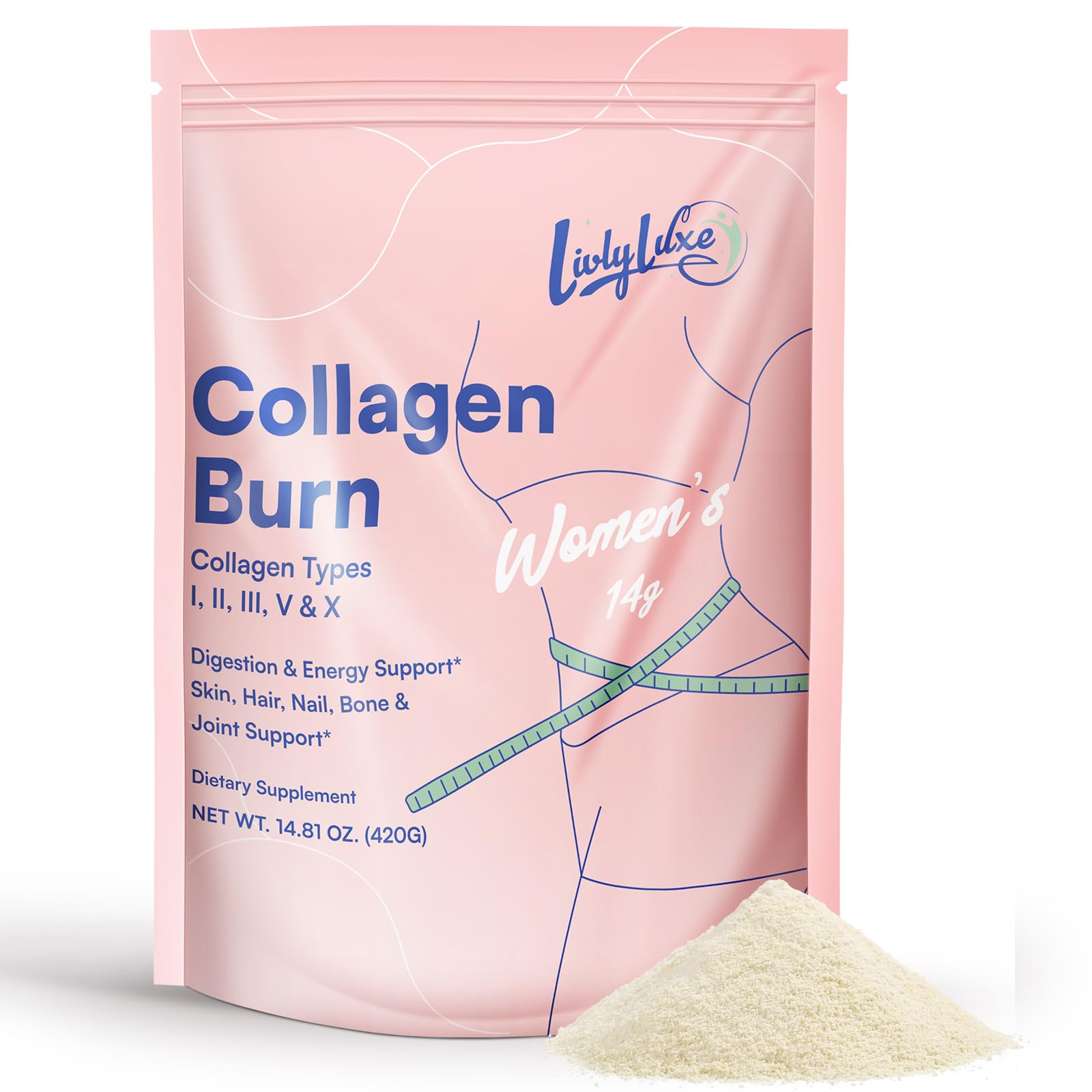 LivLyLuxe Collagen Burn powder tub showing the product for daily fat loss support