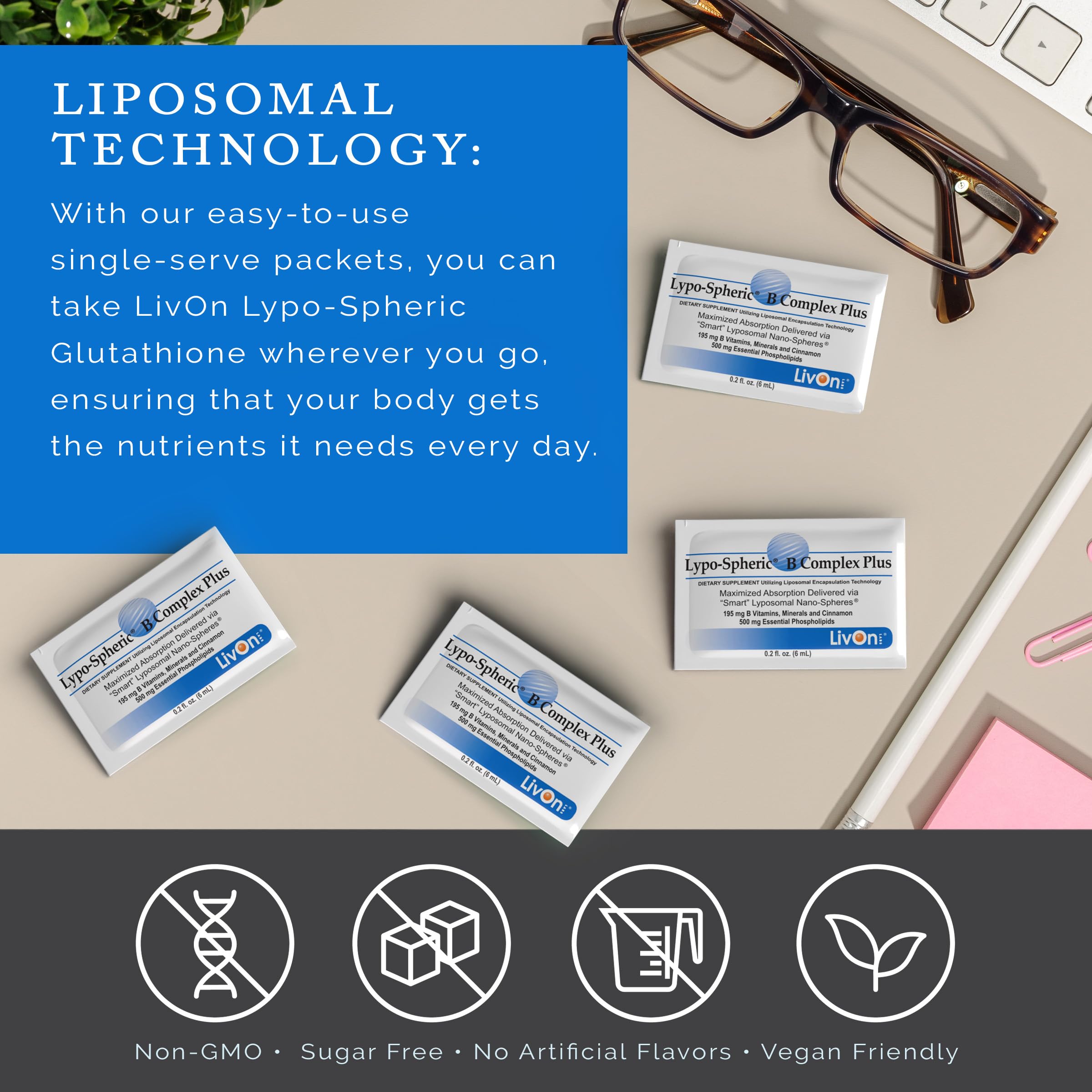 LivOn Liposomal B Complex packet usage for quick intake.