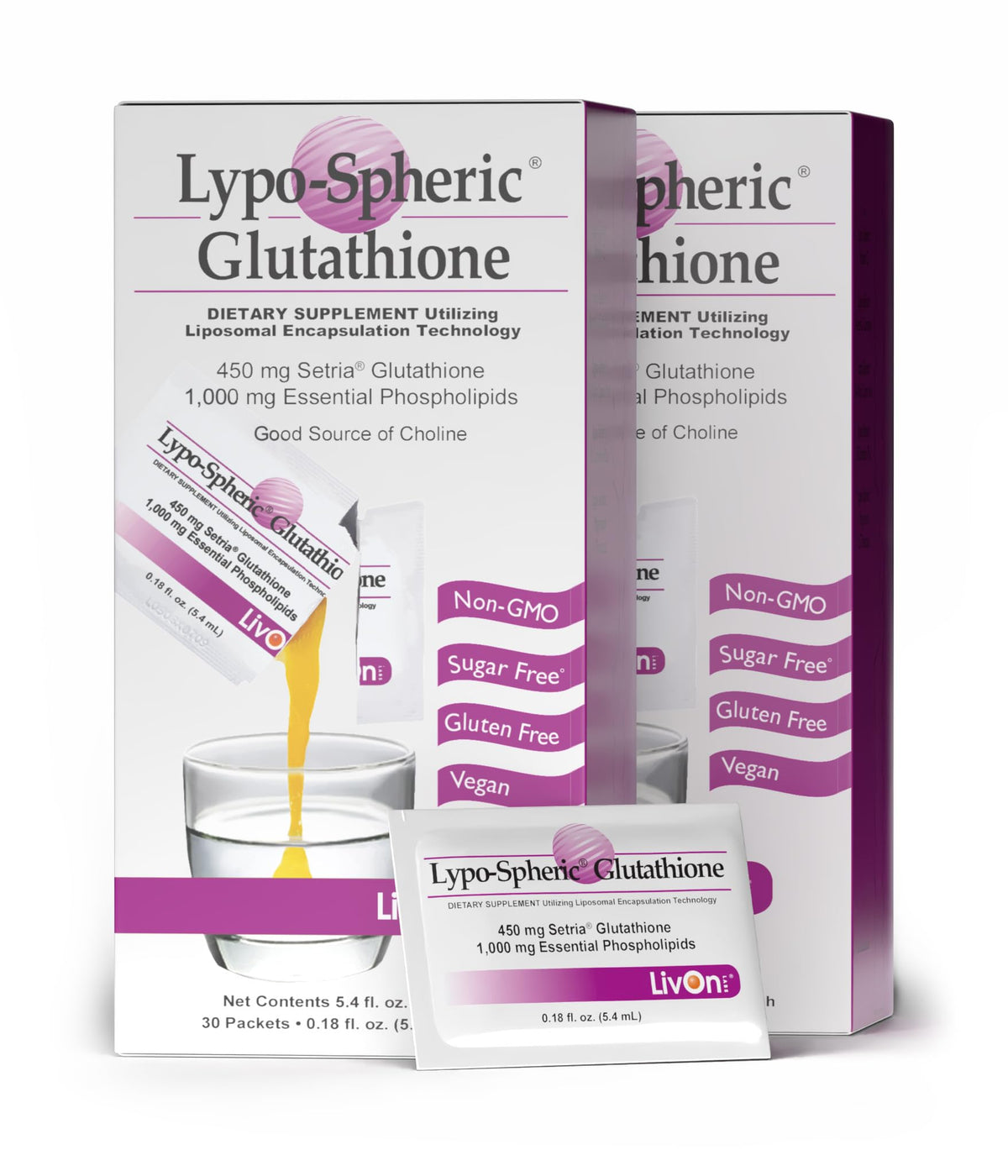 LivOn Glutathione liposomal bottle front highlighting 450 mg packets for enhanced absorption