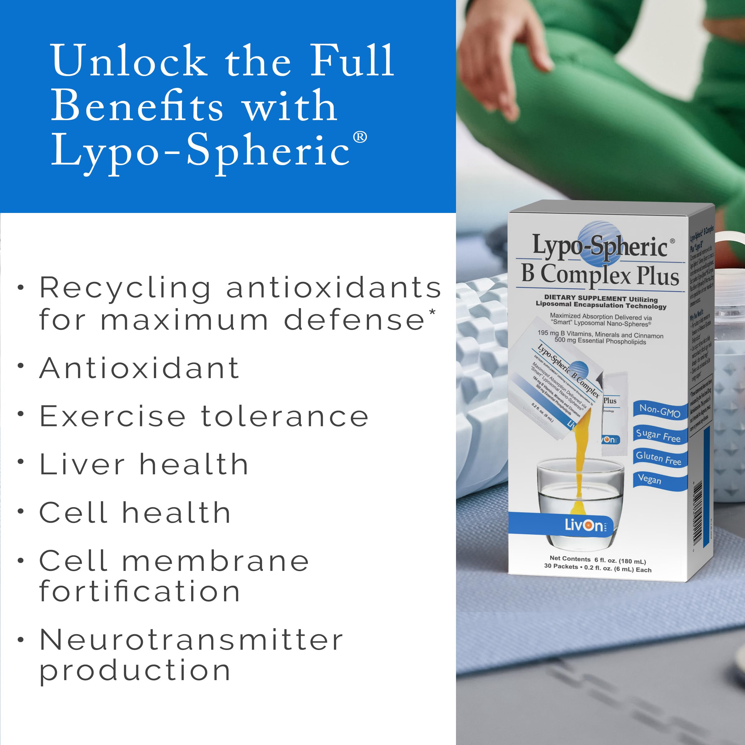 LivOn Liposomal B Complex label with cinnamon shows vegan non-GMO formula.