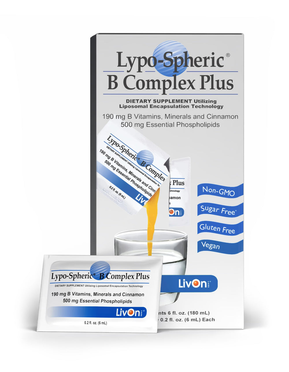 LivOn Liposomal B Complex packet close-up highlighting enhanced absorption.