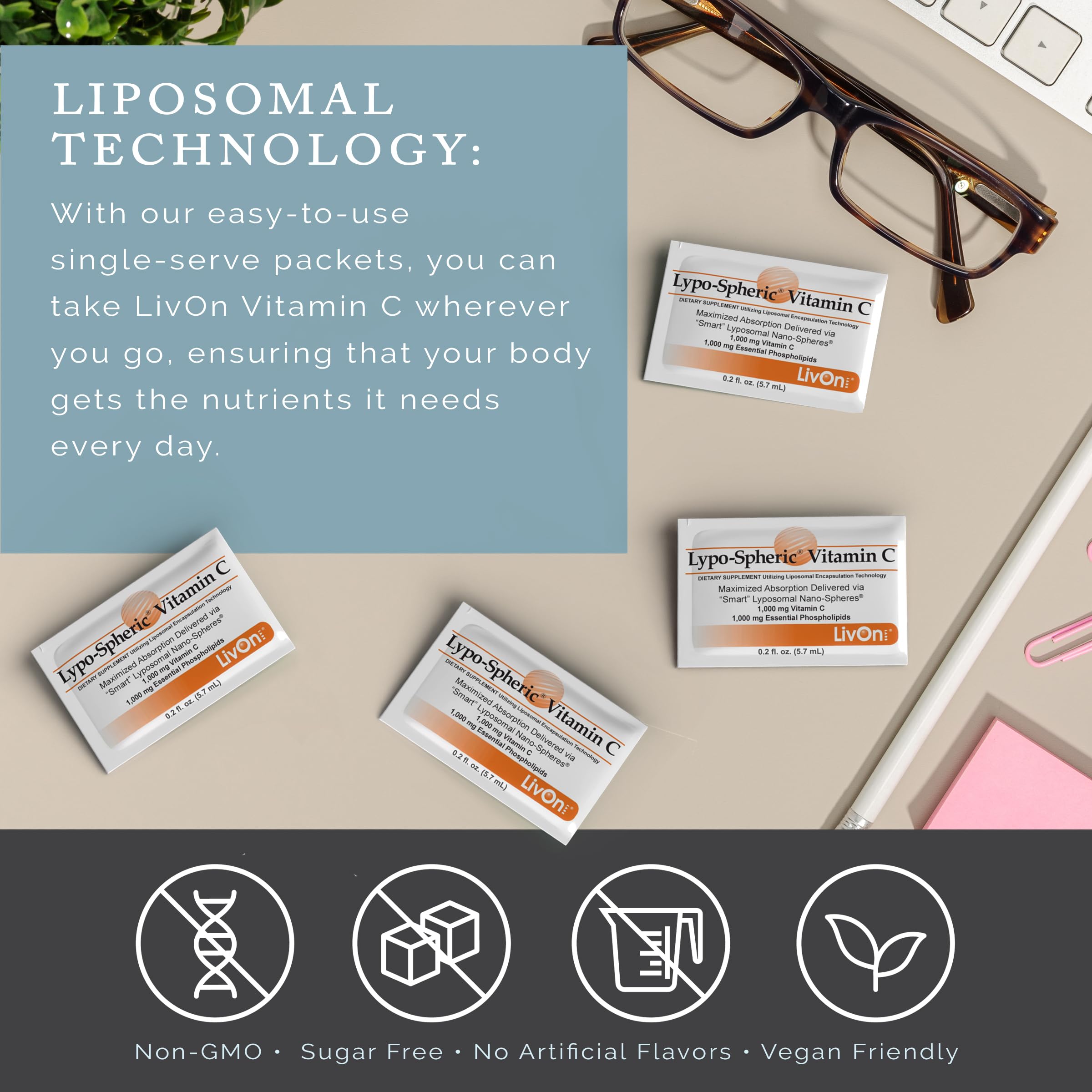 Daily-use setup with LivOn Lypo-Spheric Vitamin C packets.