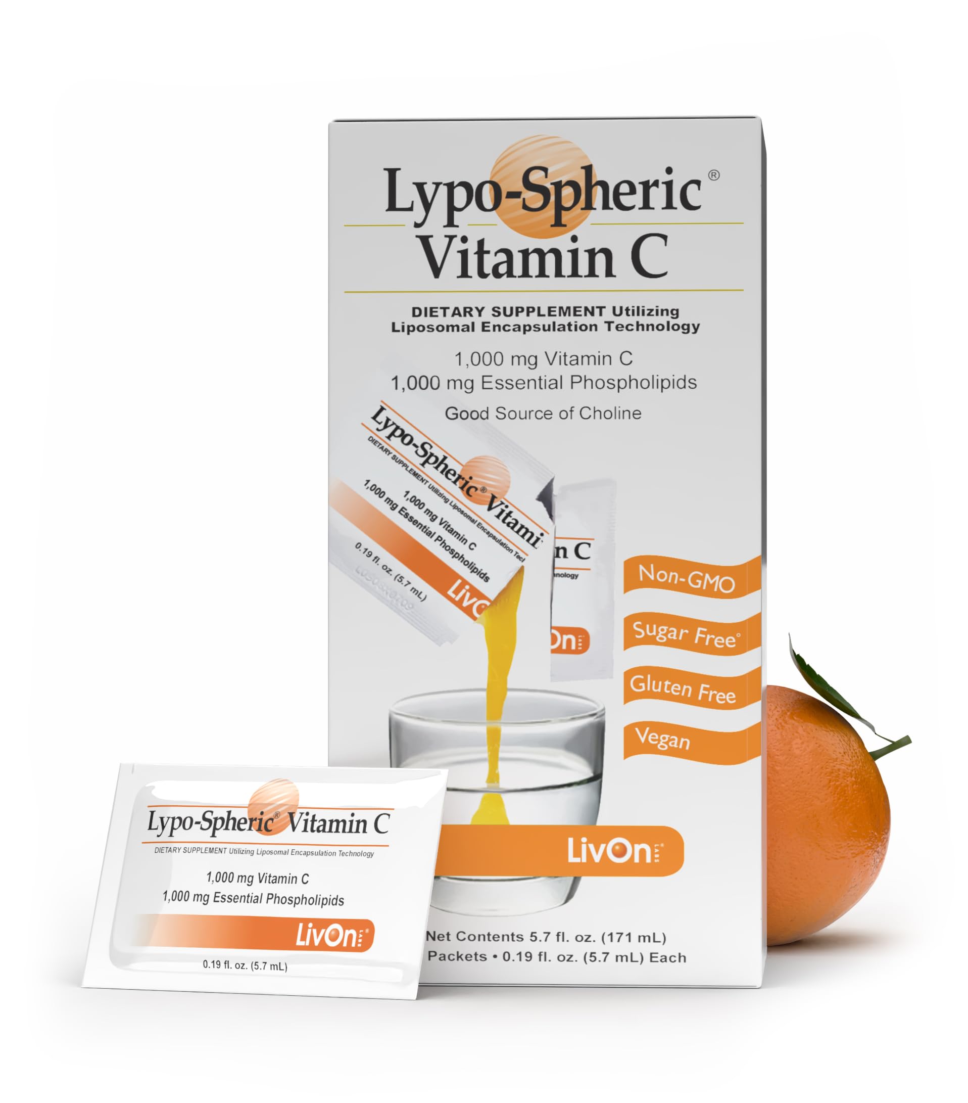 LivOn Lypo-Spheric Vitamin C packaging for on-the-go daily use.