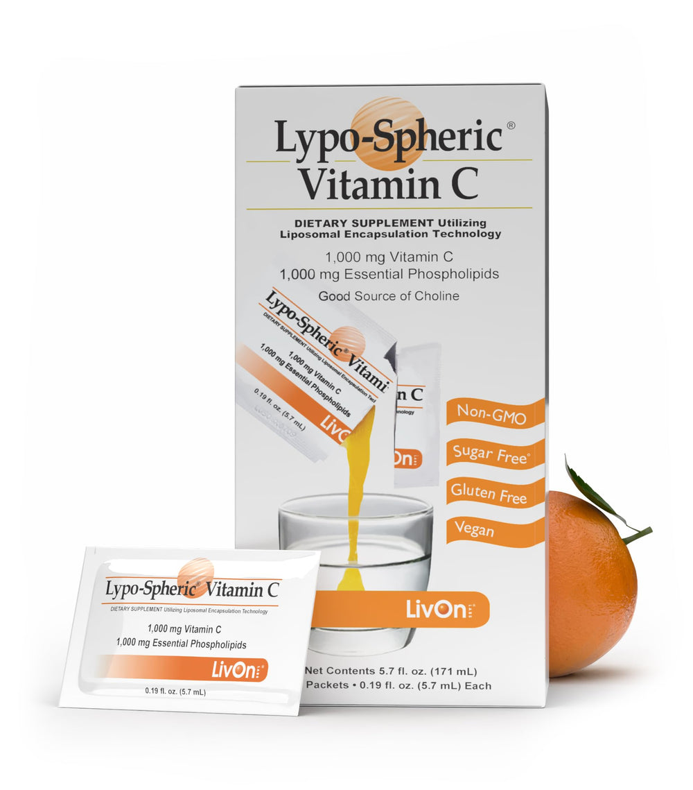 LivOn Lypo-Spheric Vitamin C packaging for on-the-go daily use.