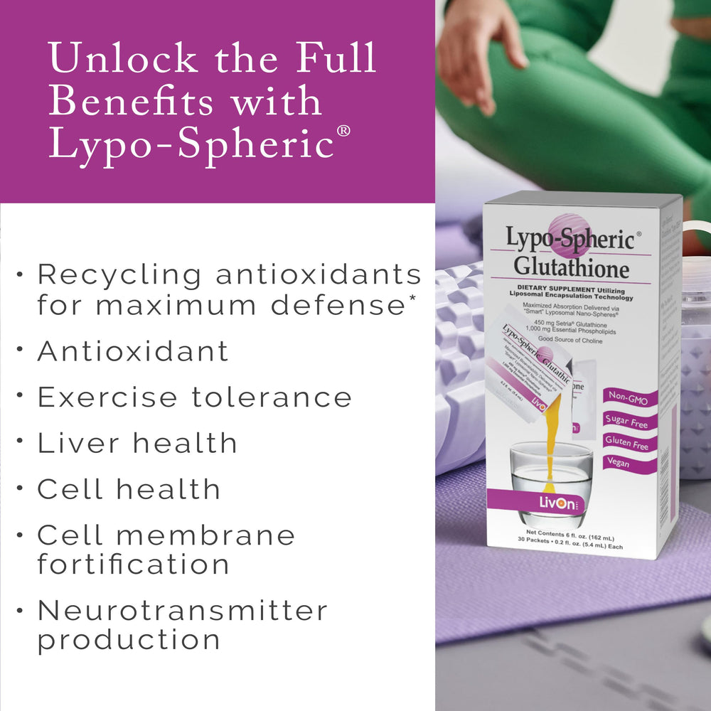 LivOn Lypo-Spheric Glutathione being dispensed into water for fast absorption.