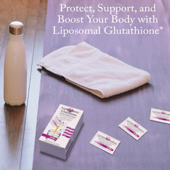 LivOn Lypo-Spheric Glutathione packet opened for quick, convenient on-the-go dosing.