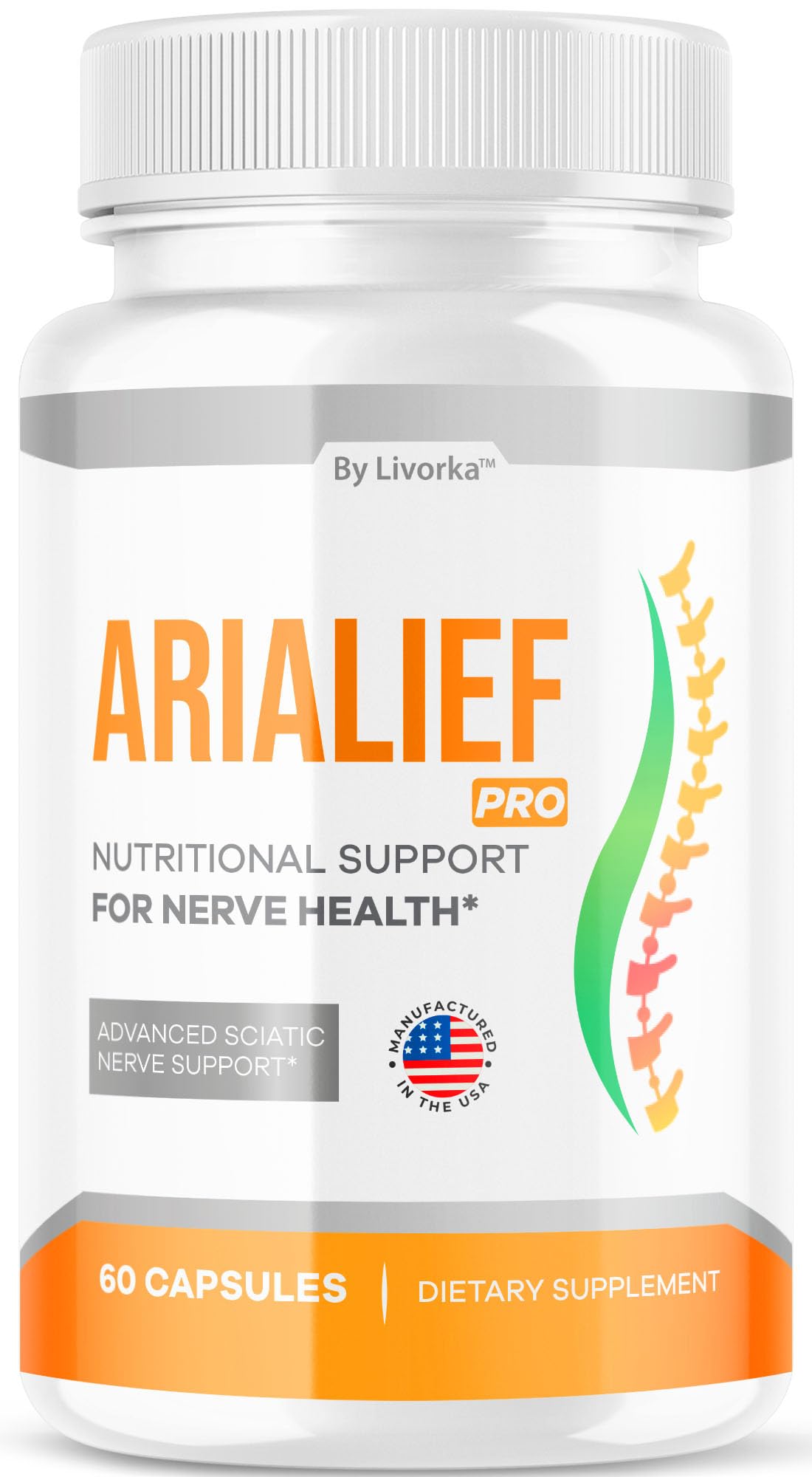 LIVORKA Arialief Pro capsules bottle highlights nerve health support for daily wellness.