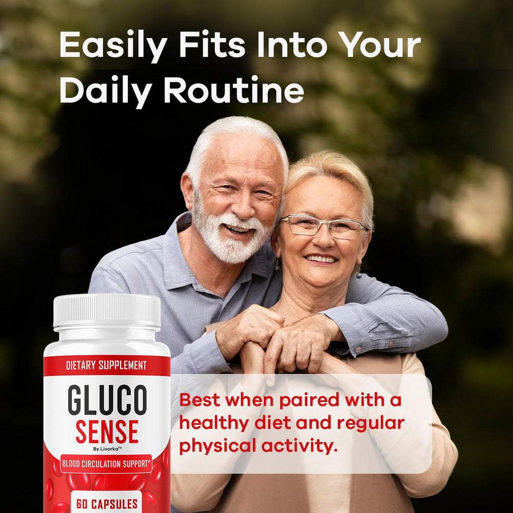 LIVORKA GlucoSense flat lay with bottle and capsules for routine planning.
