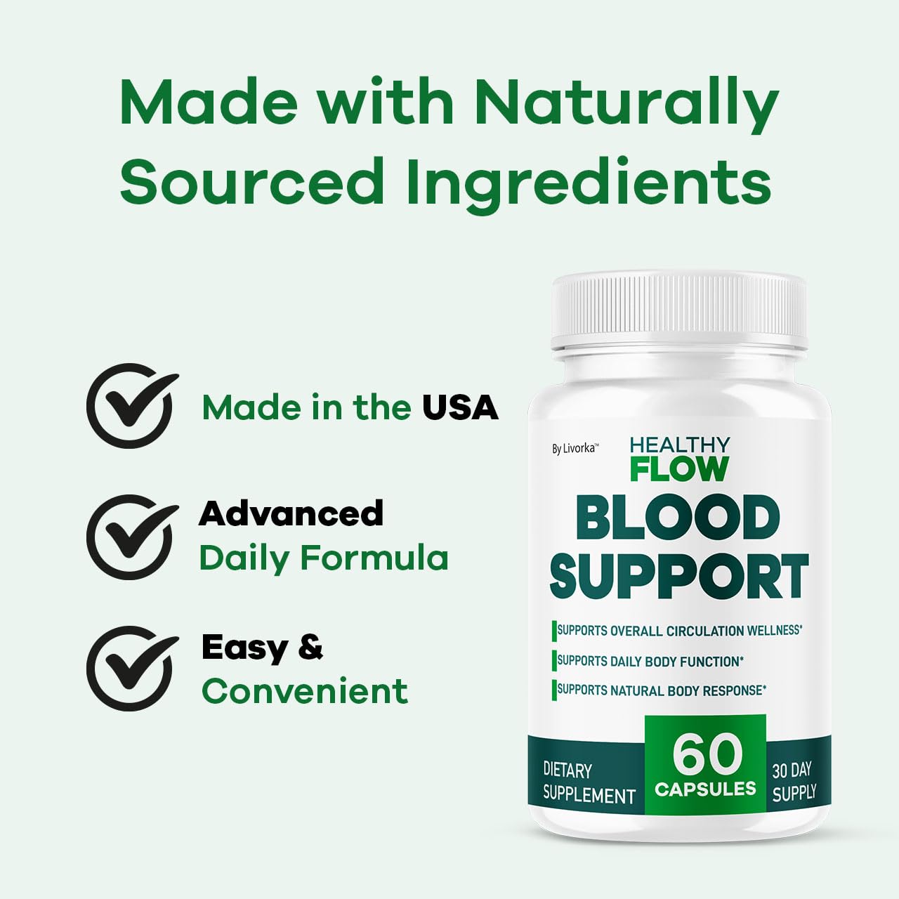 LIVORKA Healthy Flow daily dosing visual communicates two capsules per day