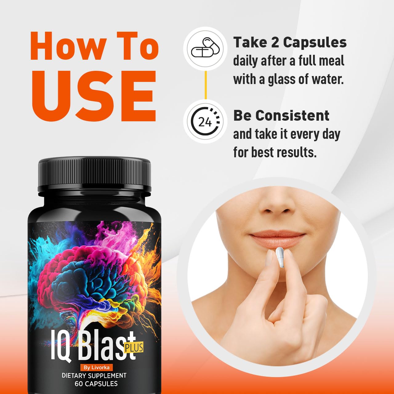 LIVORKA IQ Blast Plus capsules closeup emphasizes easy-to-take capsules.