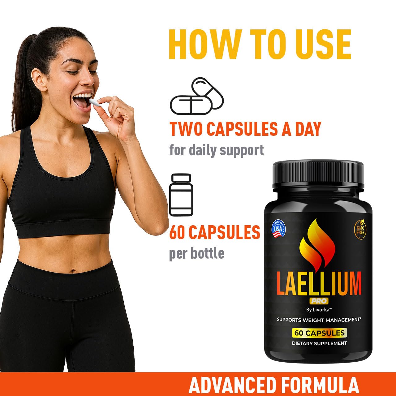 LIVORKA Laellium Pro pills label close-up highlighting natural ingredients.