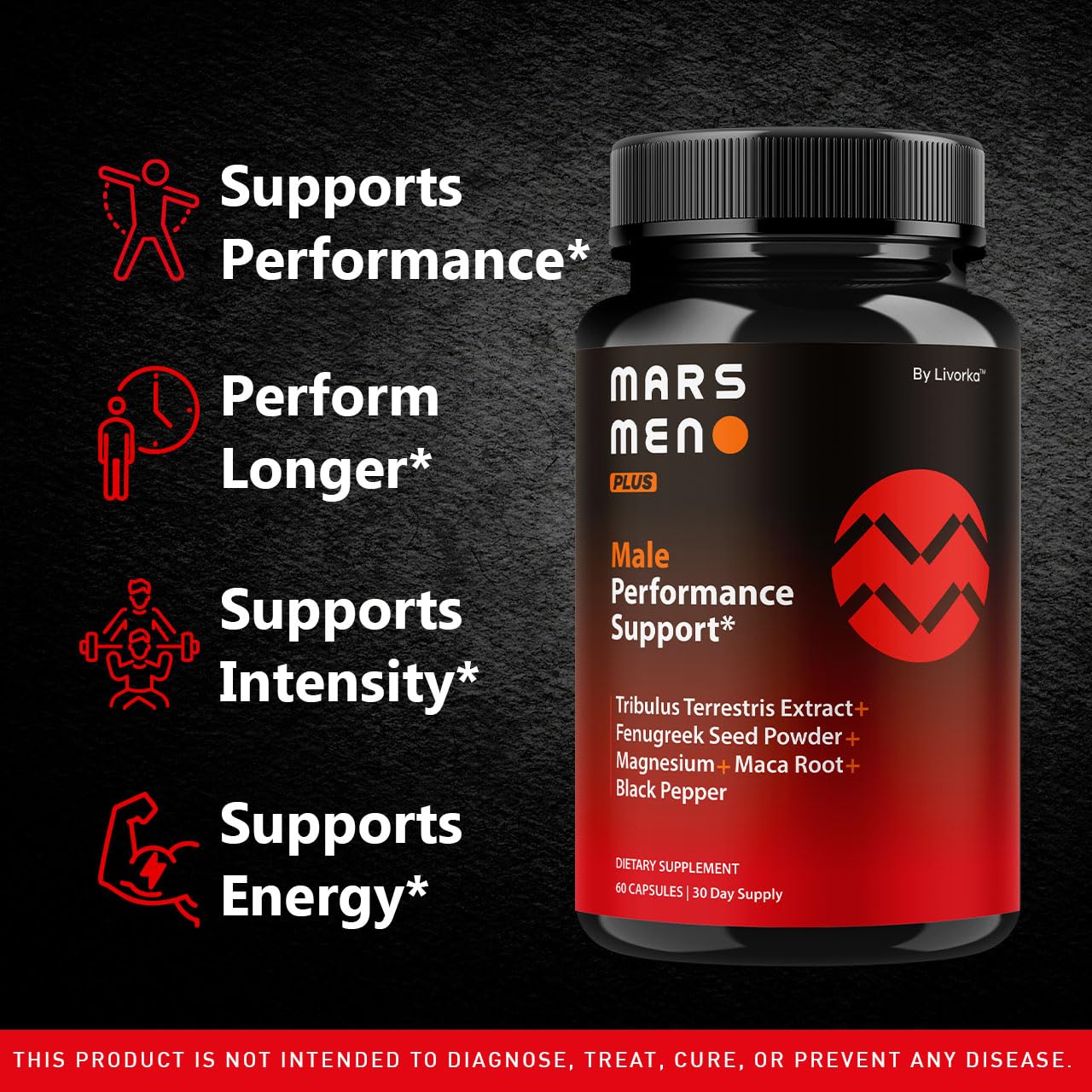 LIVORKA Mars Men Plus capsules closeup highlighting easy daily intake.