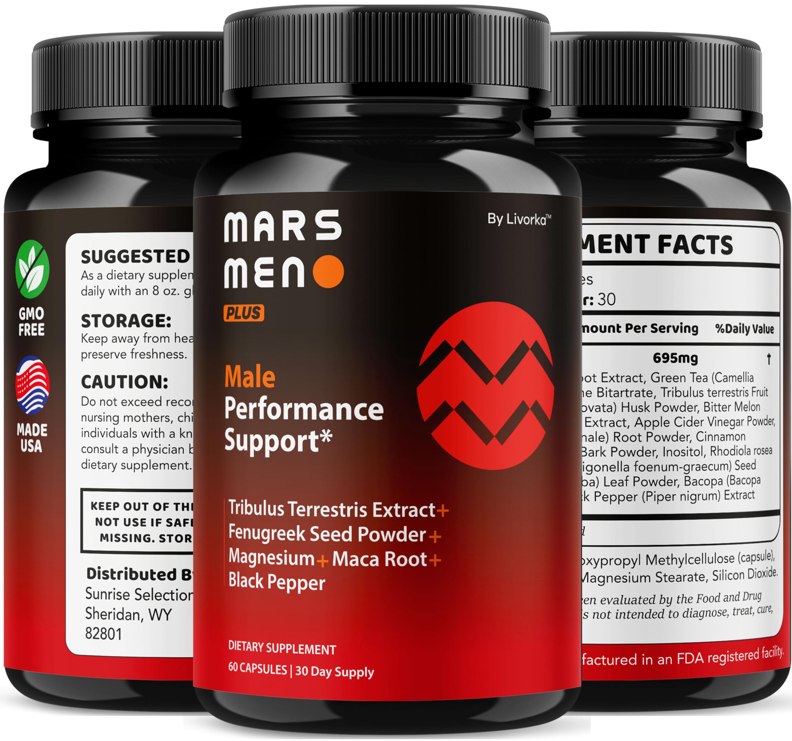 LIVORKA Mars Men Plus flat lay setup showcasing 120 capsules for two months.