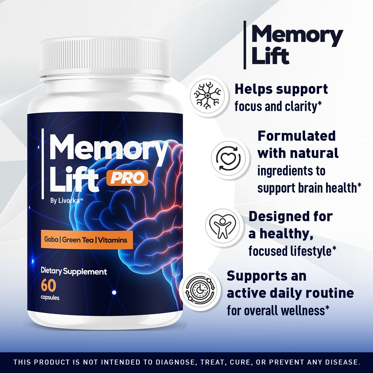 LIVORKA Memory Lift Pro bottle cap close-up showing easy-to-swallow capsule use