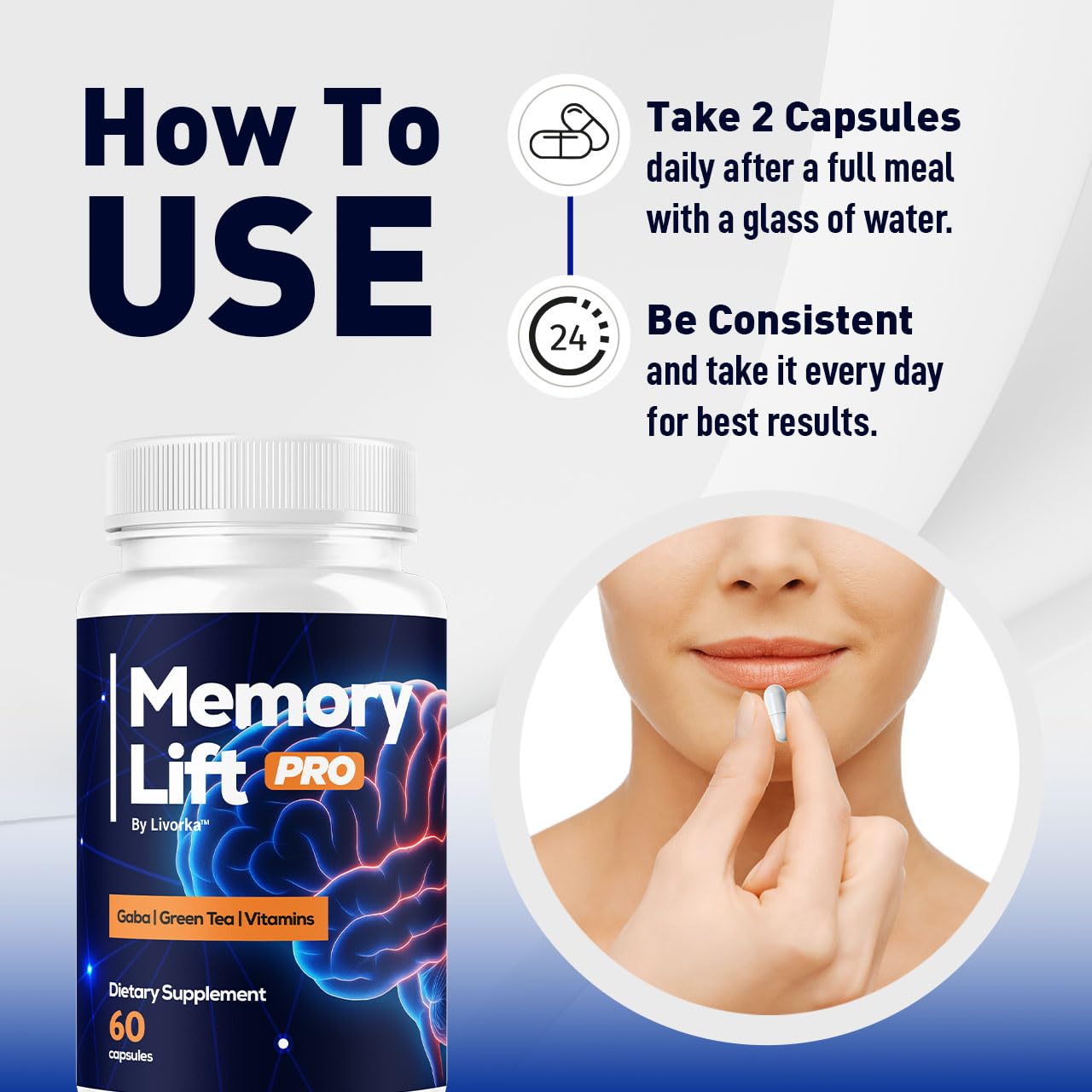 LIVORKA Memory Lift Pro pills close-up highlighting compact capsules for daily convenience