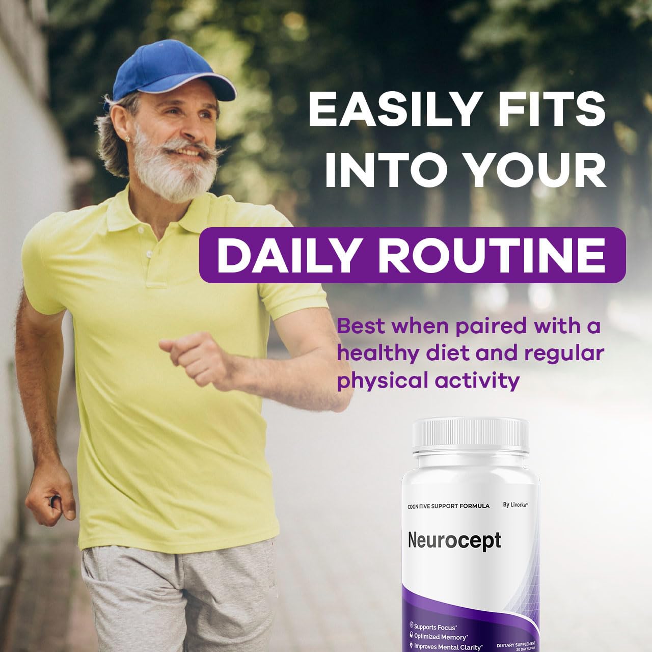 LIVORKA Neurocept bottle pour illustrating simple two-capsule daily dose.