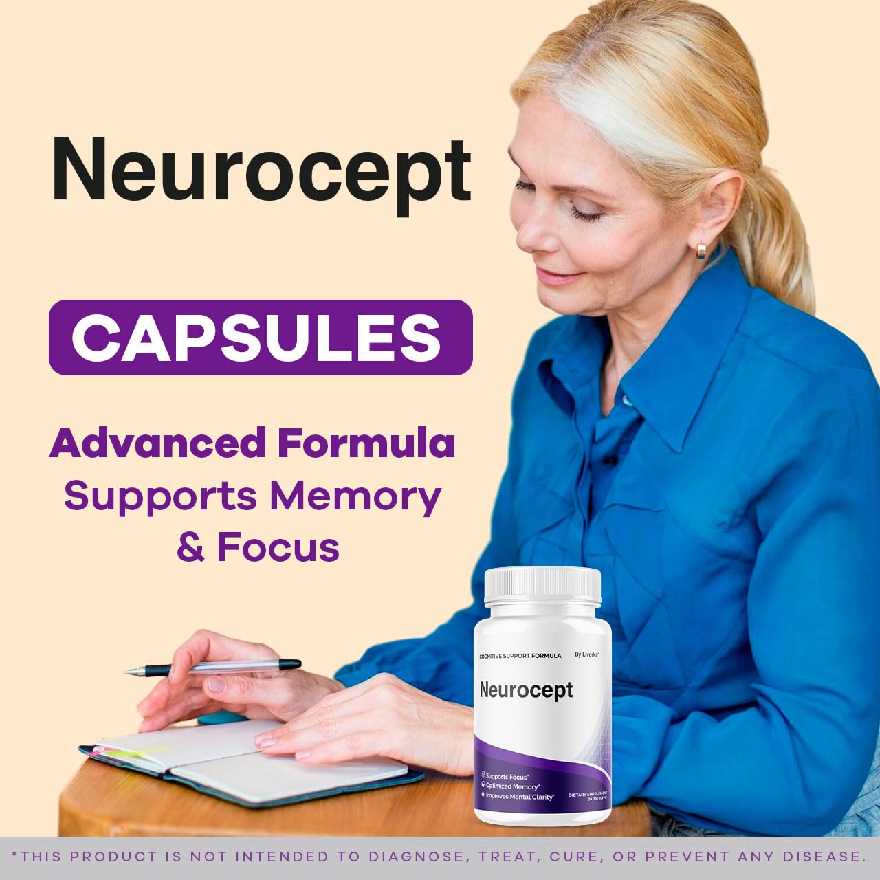 LIVORKA Neurocept capsules close-up showing easy-to-swallow daily capsules for focus.