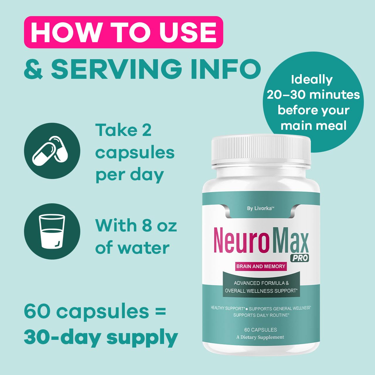 LIVORKA Neuromax Pro bottle dispensing action demonstrates convenient two-capsule daily serving.