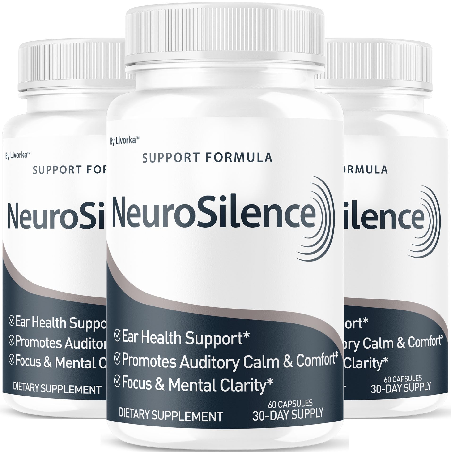 LIVORKA Neurosilence bottle front view shows ear health support.