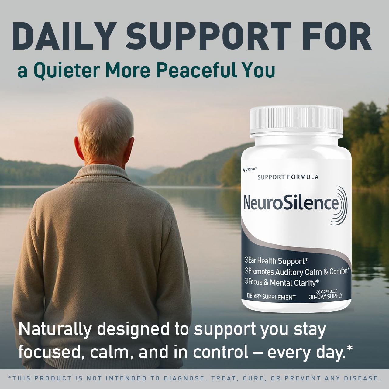 LIVORKA Neurosilence bottle with a glass of water ready to take.