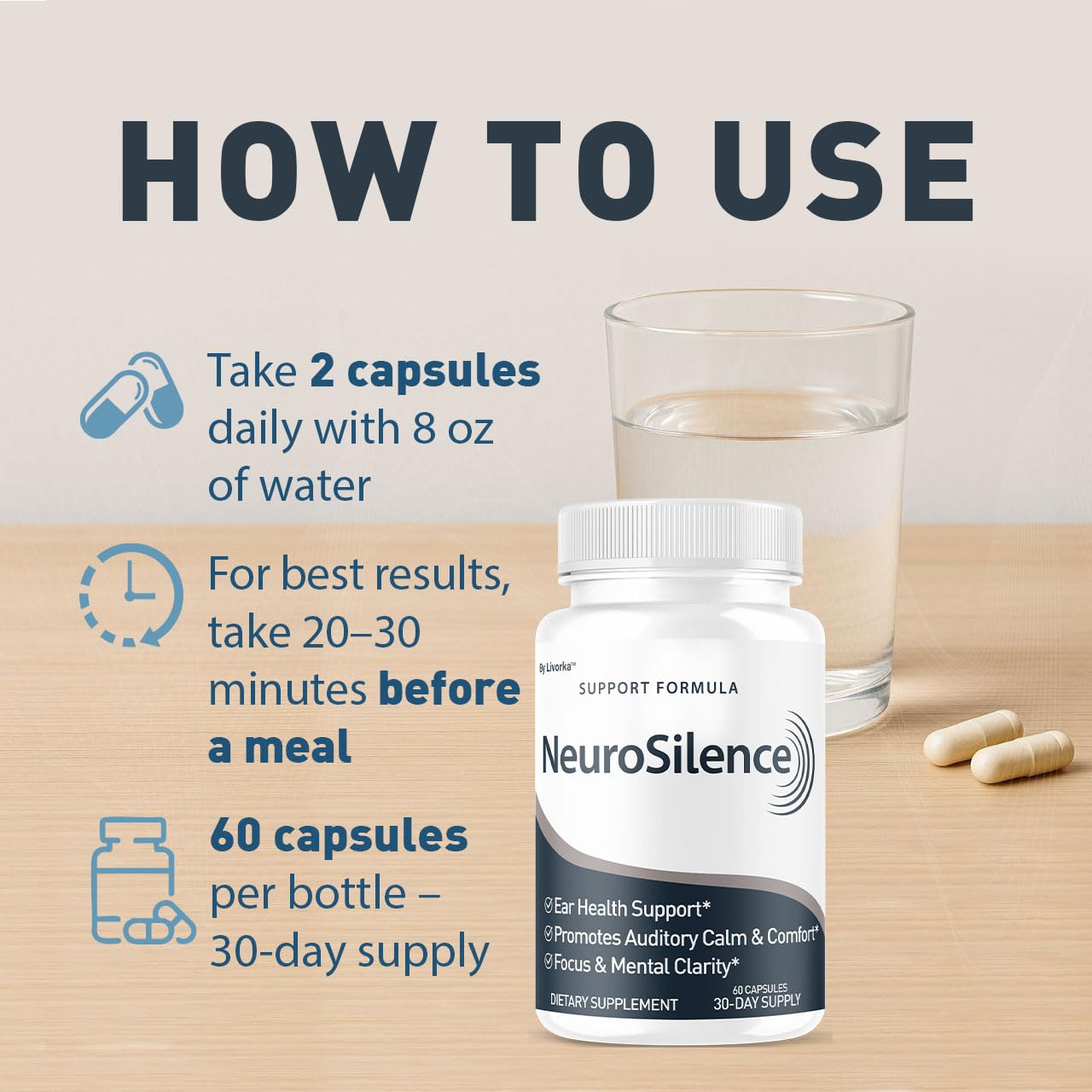 LIVORKA Neurosilence capsules close-up highlight natural ingredients.