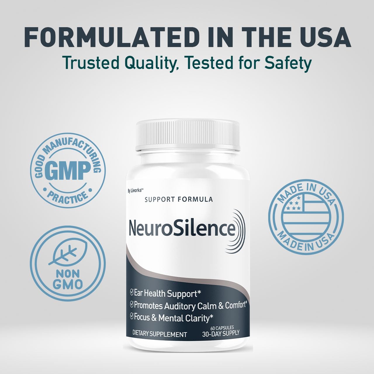 LIVORKA Neurosilence daily dosage concept with two capsules.