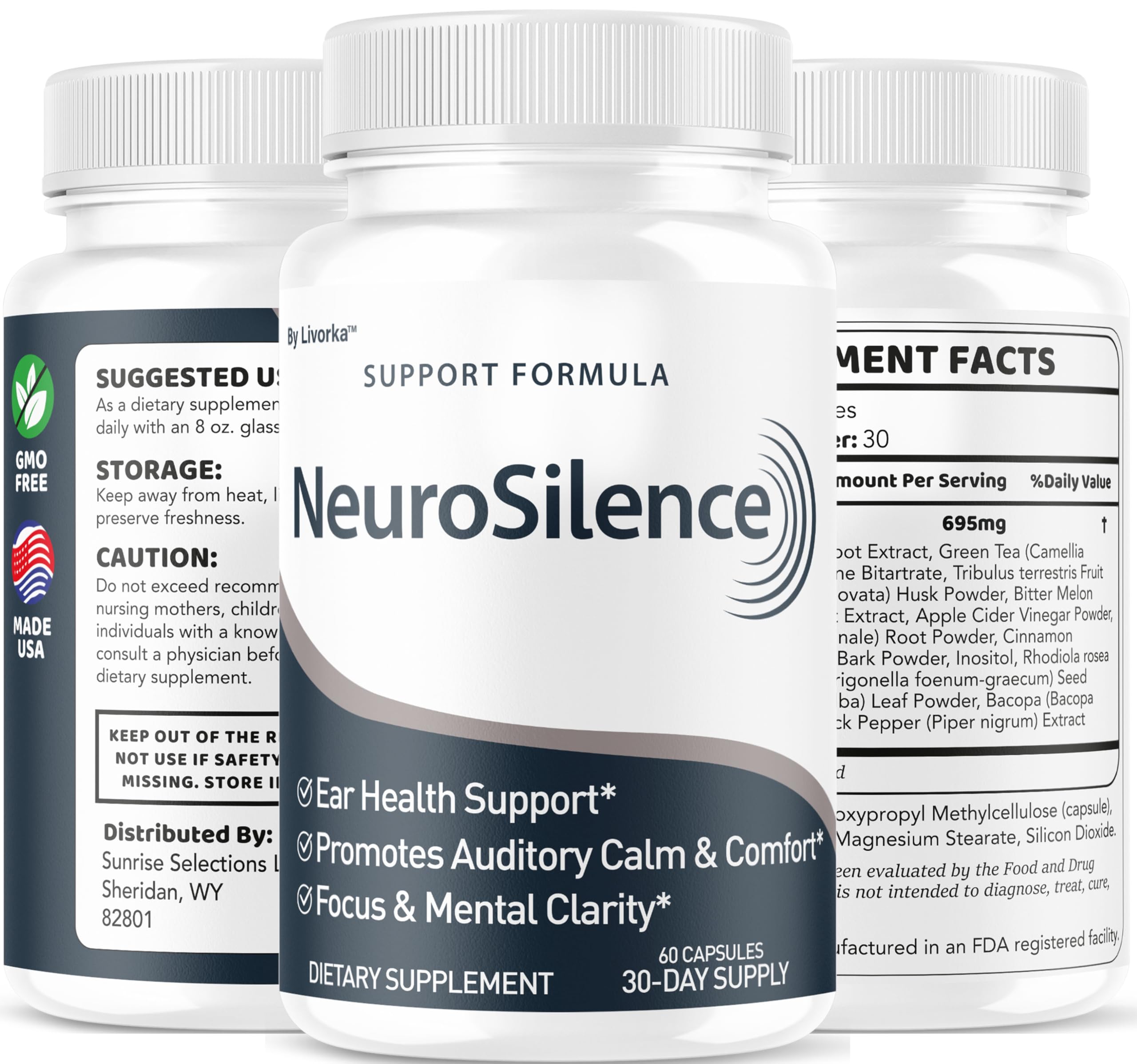 LIVORKA Neurosilence USA-made label reinforces safety and quality.