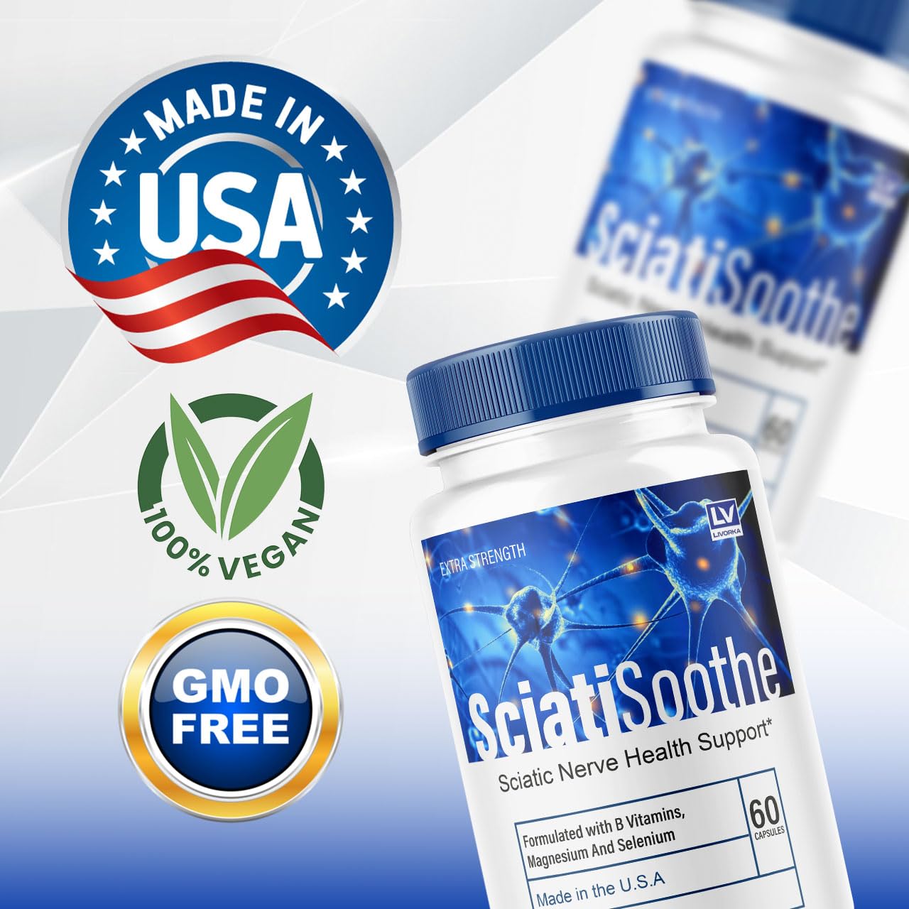Livorka SciatiSoothe capsules close-up emphasizing easy daily use.