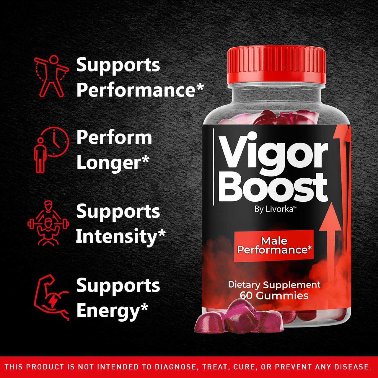 LIVORKA Vigor Boost Gummies bottle back shows ingredients and usage.