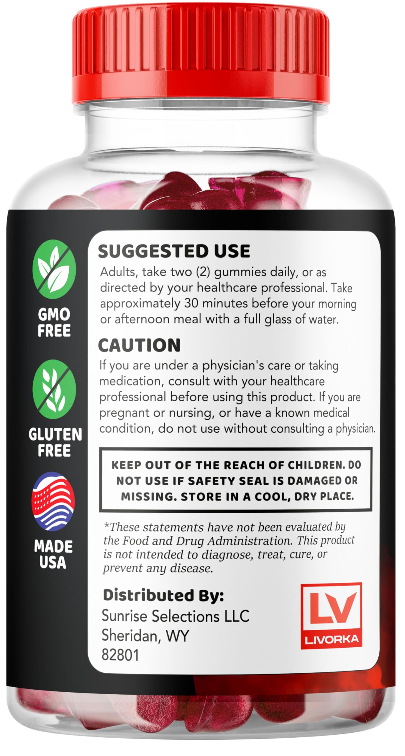 Label inside LIVORKA Vigor Boost Gummies highlights natural ingredients.