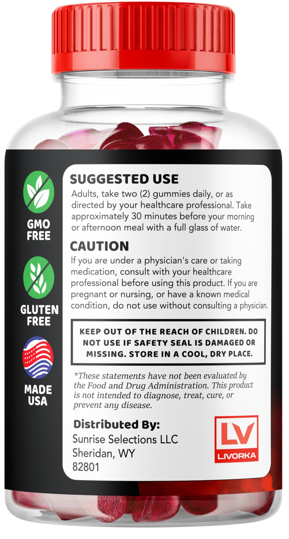 Label inside LIVORKA Vigor Boost Gummies highlights natural ingredients.