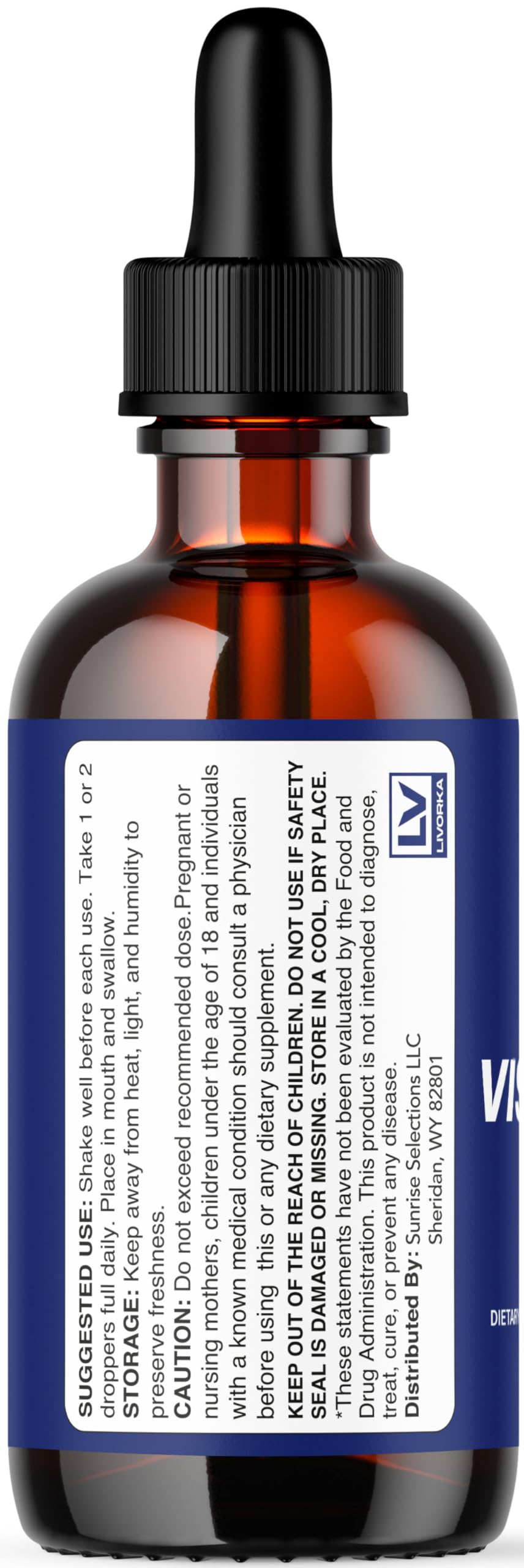 LIVORKA Visium Max Drops label closeup emphasizing premium ingredients