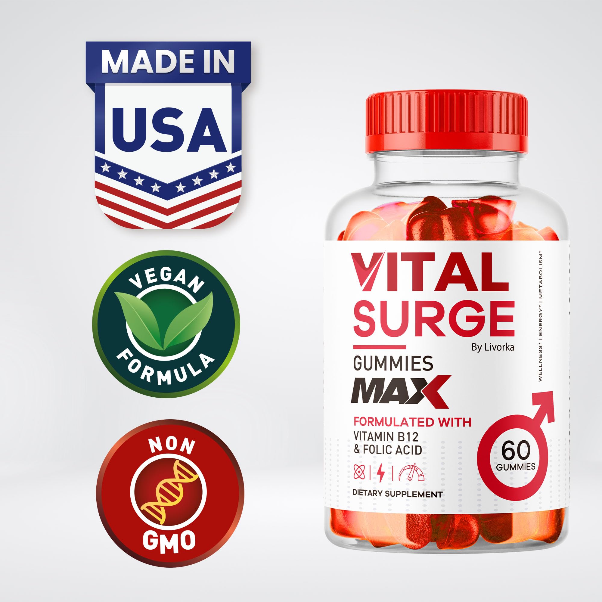 LIVORKA Vital Surge gummies close-up highlighting convenient daily supplement