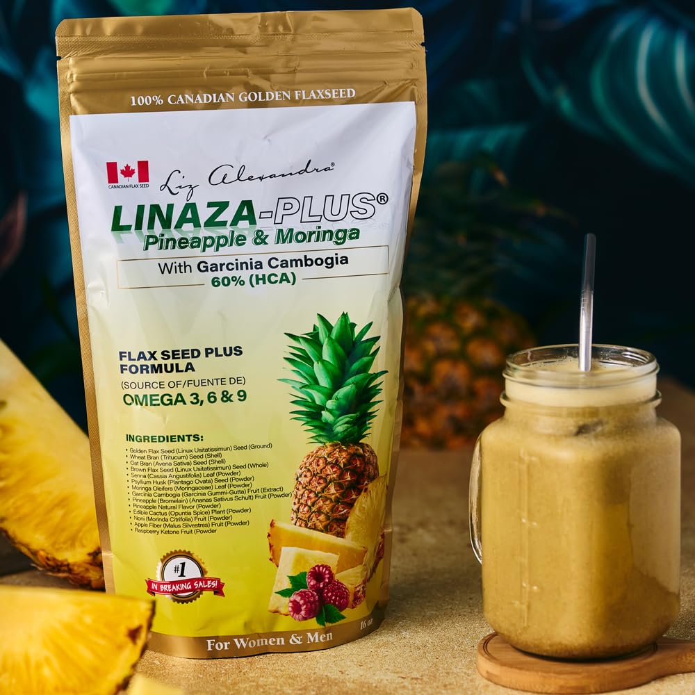 LIZ ALEXANDRA Linaza Plus moringa and garcinia bottle close-up supports metabolism-friendly routine.