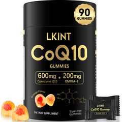 LKINT CoQ10 Gummies orange bottle with 90-count packaging for daily energy support.