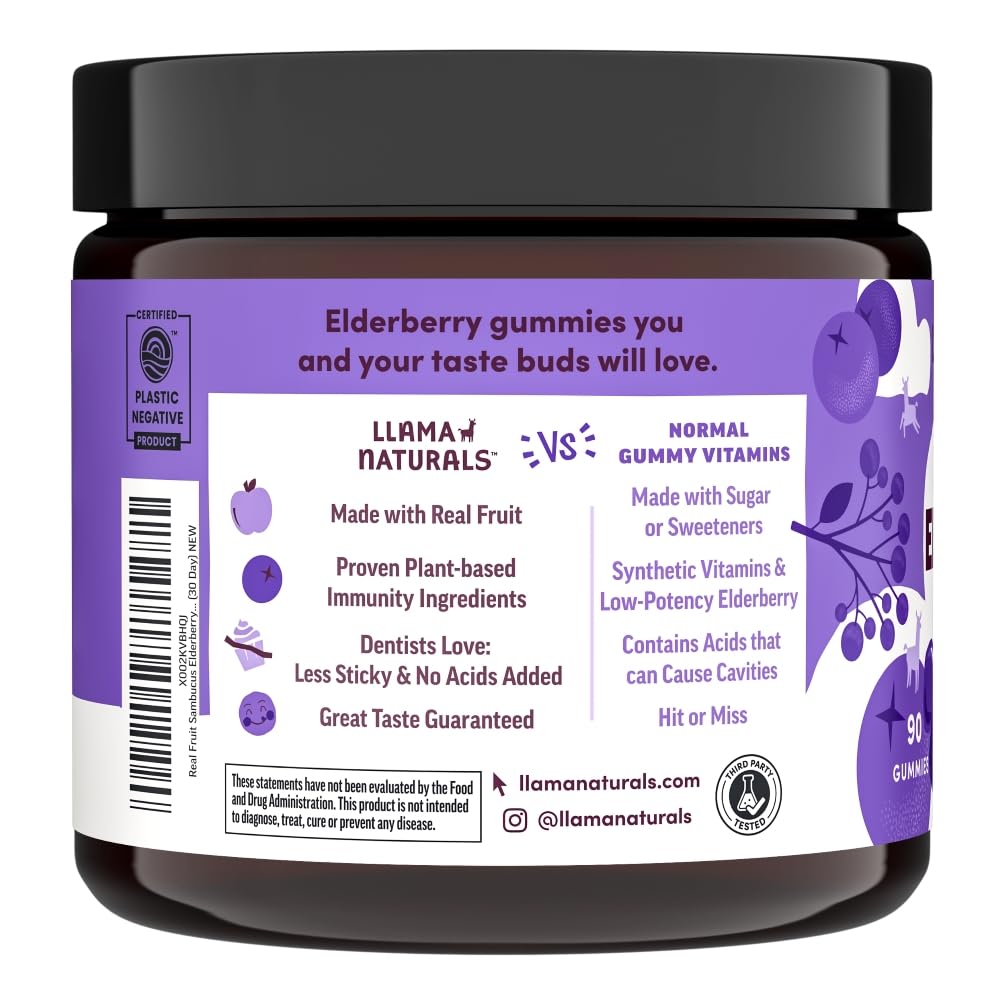 Llama Naturals elderberry gummies highlighting vitamin C and zinc for immune support