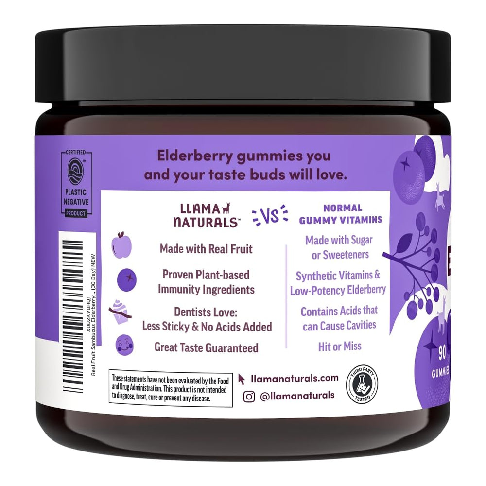 Llama Naturals elderberry gummies highlighting vitamin C and zinc for immune support