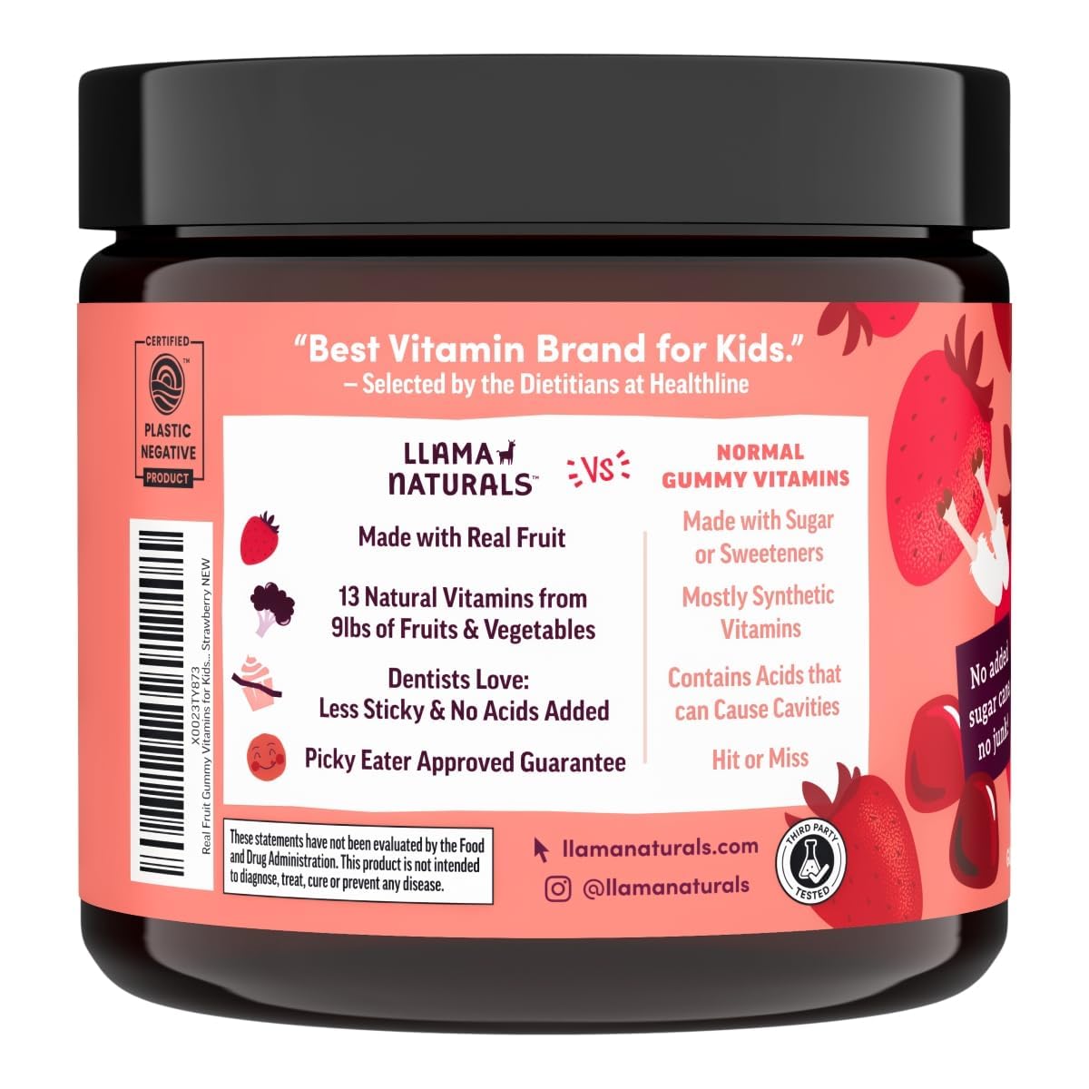 Llama Naturals label close-up highlighting organic fruit blend