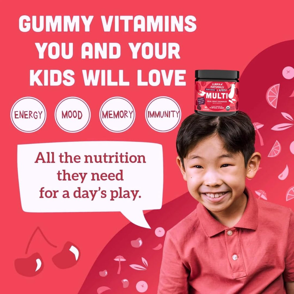Packaging shows a convenient 2-pack of Llama Naturals Kids Multivitamin Gummies.