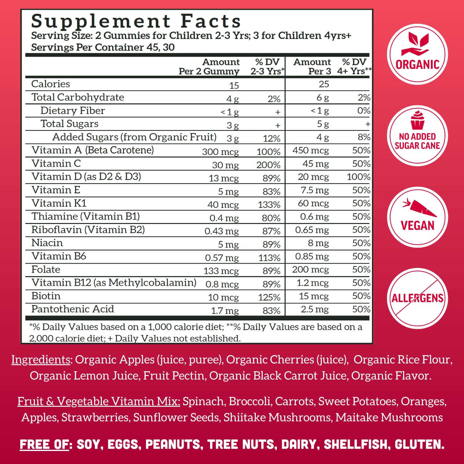 Vegan label on Llama Naturals Kids Multivitamin Gummies highlights plant-based, non-GMO nutrition.