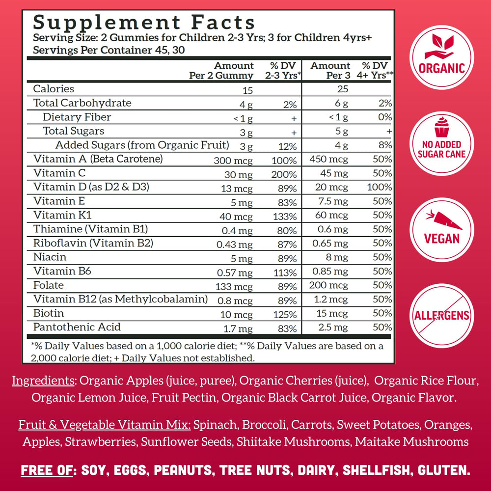 Vegan label on Llama Naturals Kids Multivitamin Gummies highlights plant-based, non-GMO nutrition.
