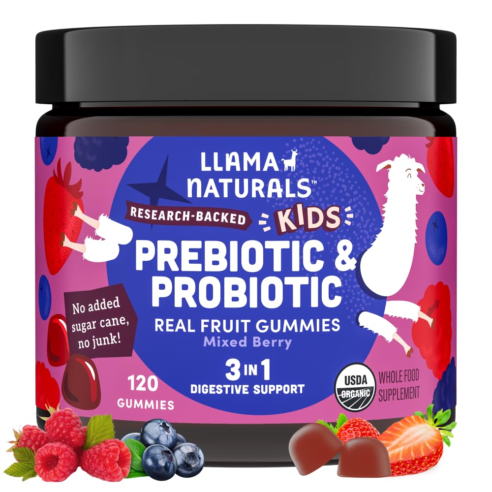 Llama Naturals Kids Probiotic bottle with mixed berry gummies for daily gut support