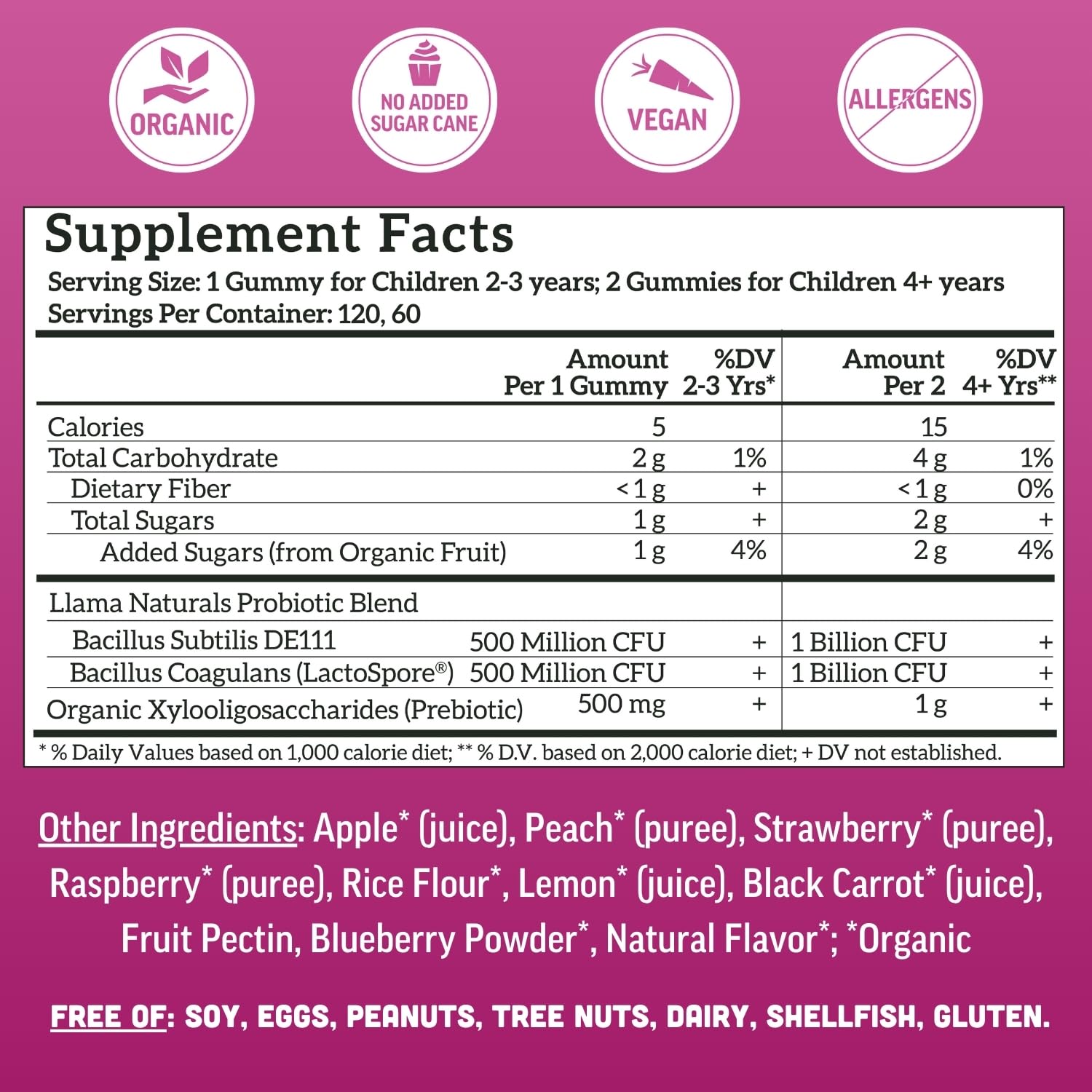 Llama Naturals Kids Probiotic bottle highlights Organic XOS prebiotic