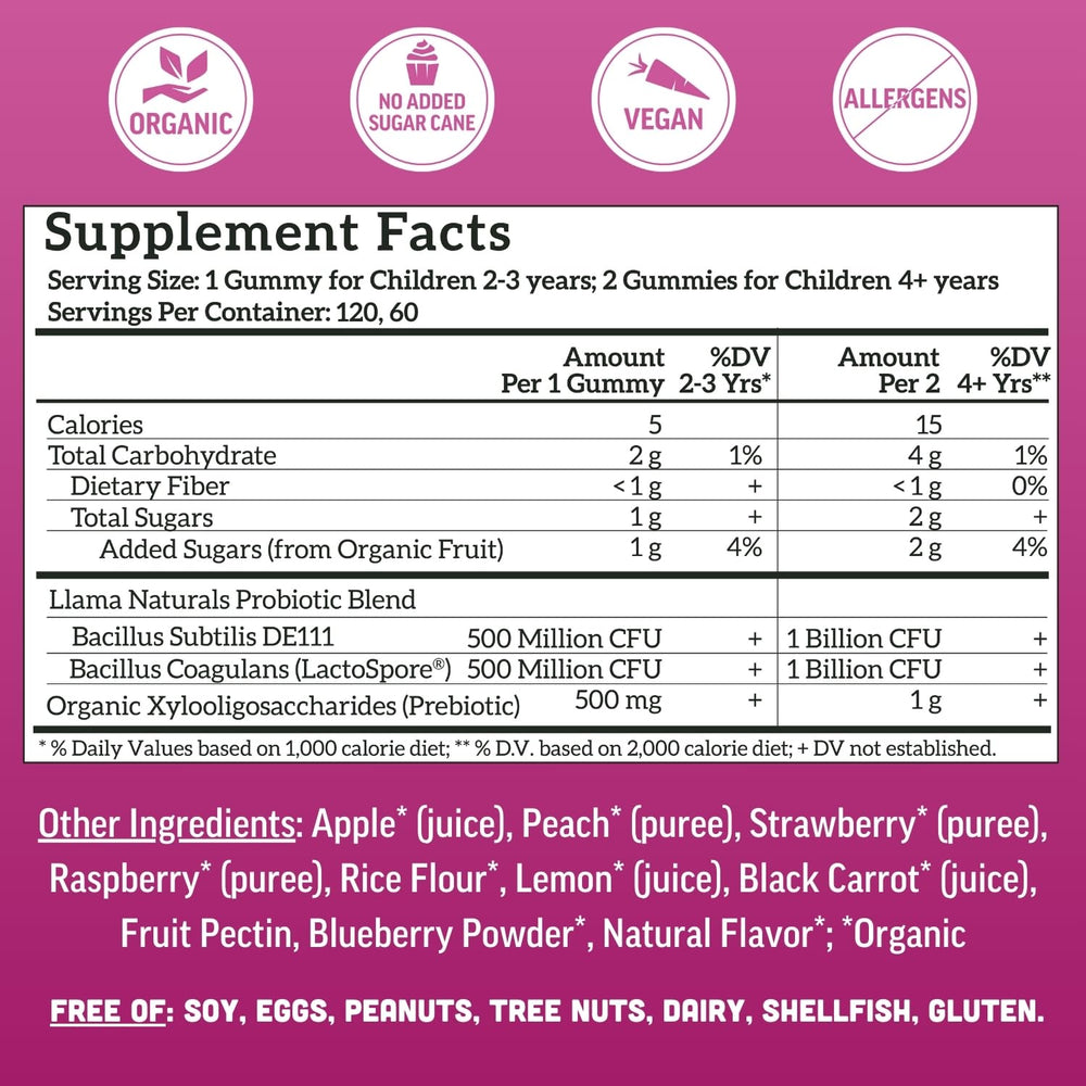 Llama Naturals Kids Probiotic bottle highlights Organic XOS prebiotic