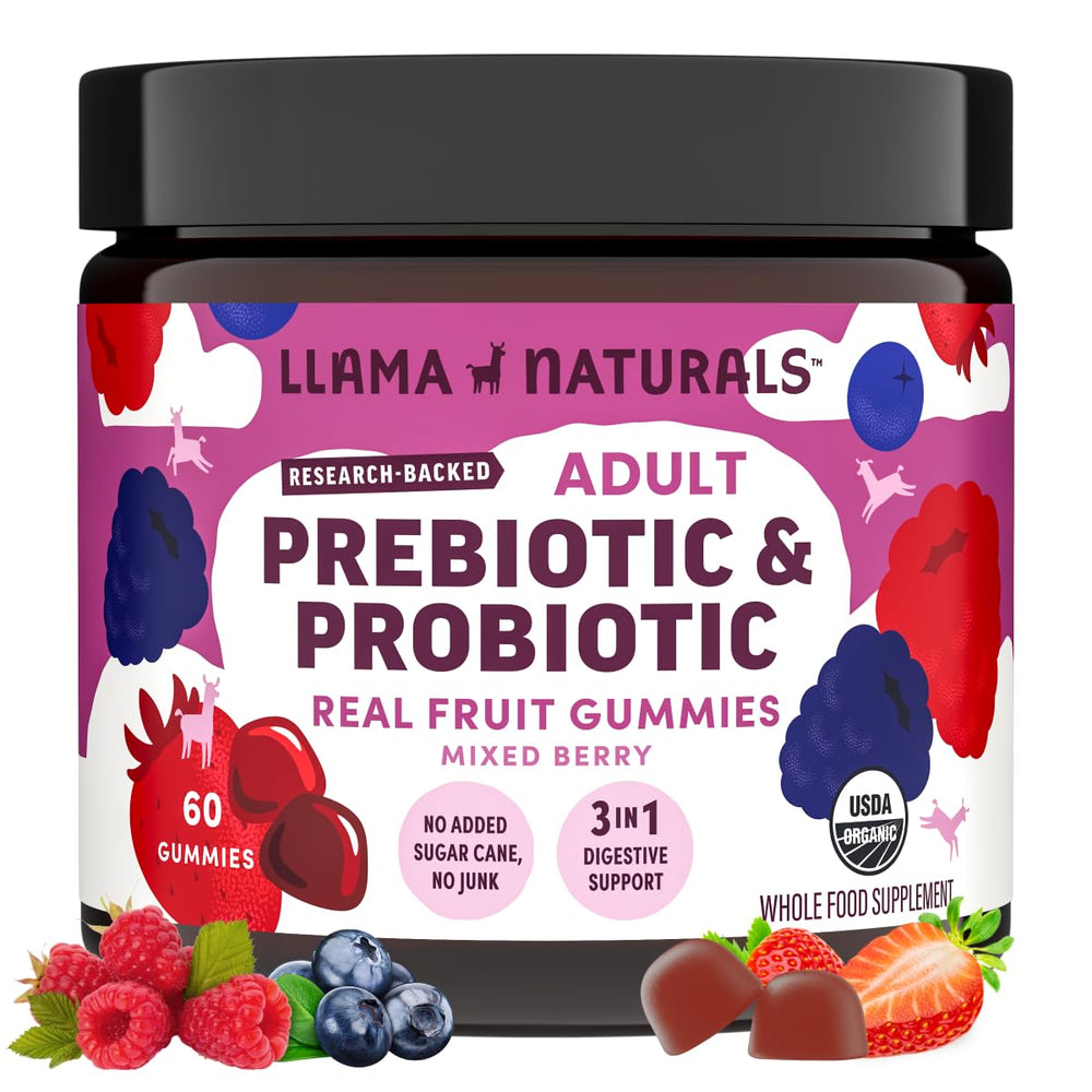 Llama Naturals mixed berry probiotics bottle for daily gut support